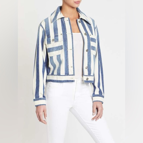 Current/Elliott Sammy Jacket Bay Stripe Blue & Cream Denim Jacket Classy XS 0 - Picture 12 of 14